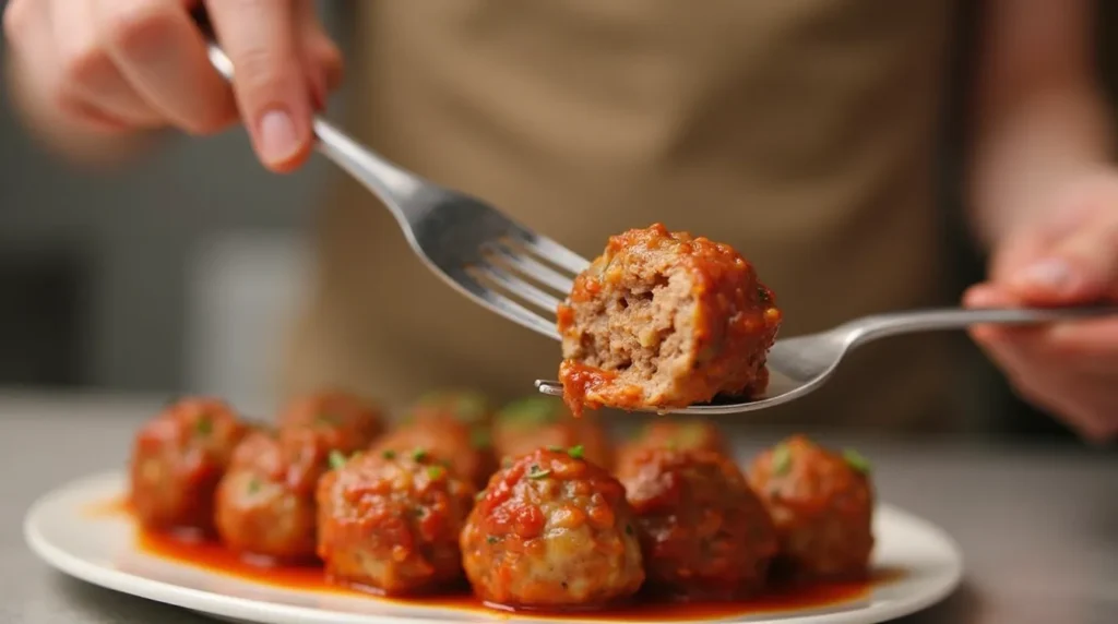 Checking the doneness of chicken ricotta meatballs with a fork.