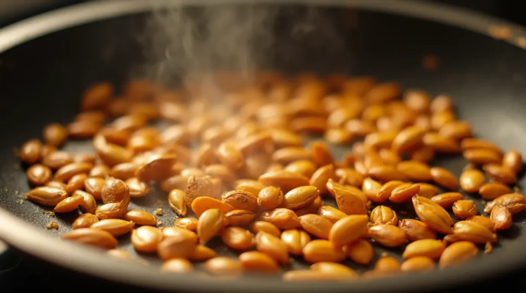 Toasting pumpkin seeds in a dry pan over medium heat.
