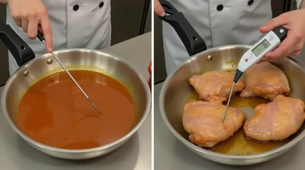 Chef checking sauce consistency and chicken temperature.