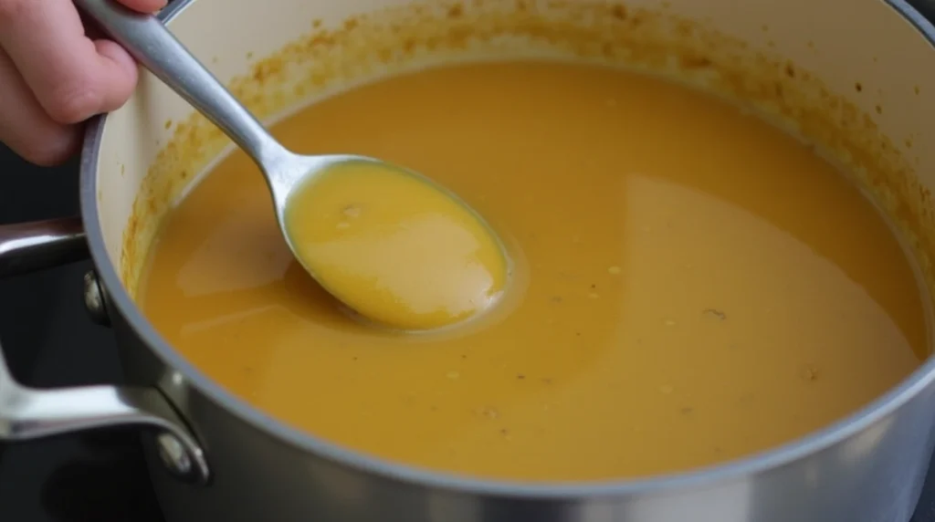 Stirring soup to adjust texture and consistency.