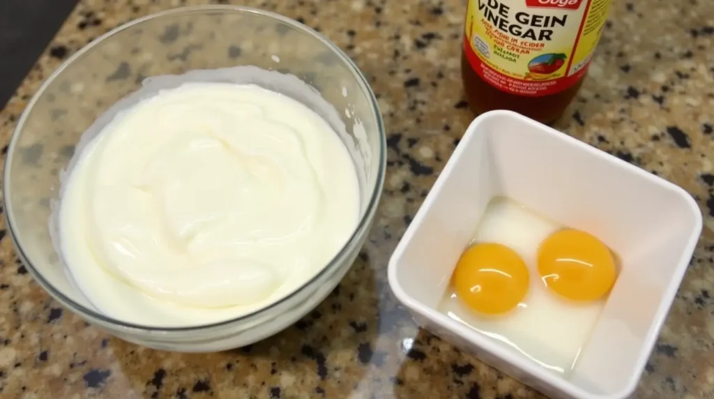 Greek yogurt, egg whites, and apple cider vinegar in bowls for making protein bagels.