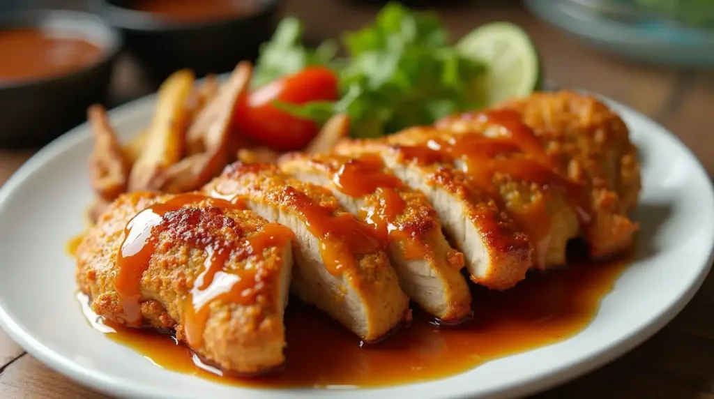 A plate of crispy baked chicken with hot honey glaze, accompanied by roasted vegetables and salad.