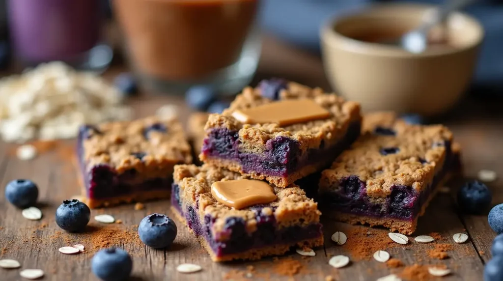 Freshly baked Blueberry Oatmeal Bars with a drizzle of almond butter and scattered blueberries.