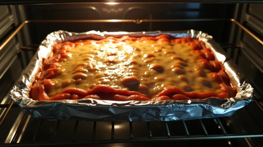 Chicken Alfredo Lasagna baking in the oven.