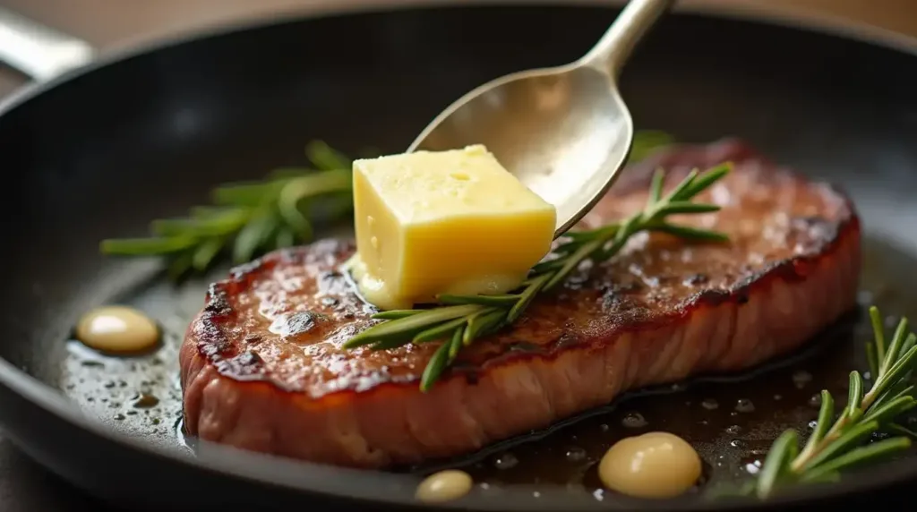 Melting butter, garlic, and rosemary in skillet with spoon