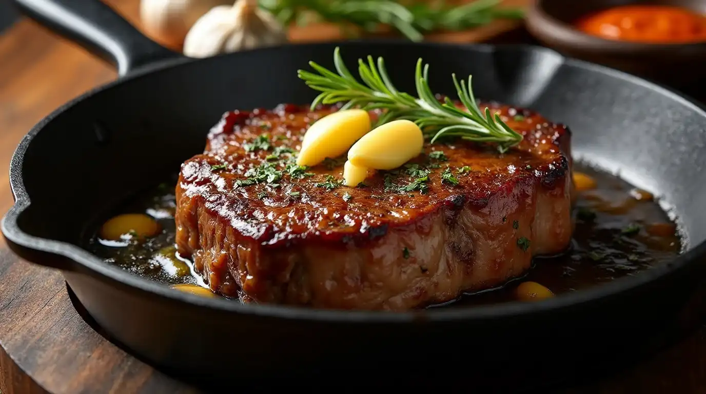 Juicy bone-in cowboy ribeye steak in cast-iron skillet with herb butter and garlic