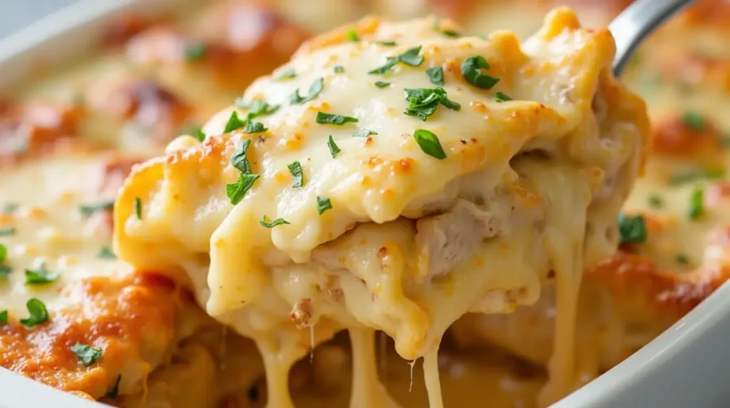 A close-up of a freshly baked Chicken Alfredo Lasagna served in a white dish with melted mozzarella and Parmesan cheese on top.