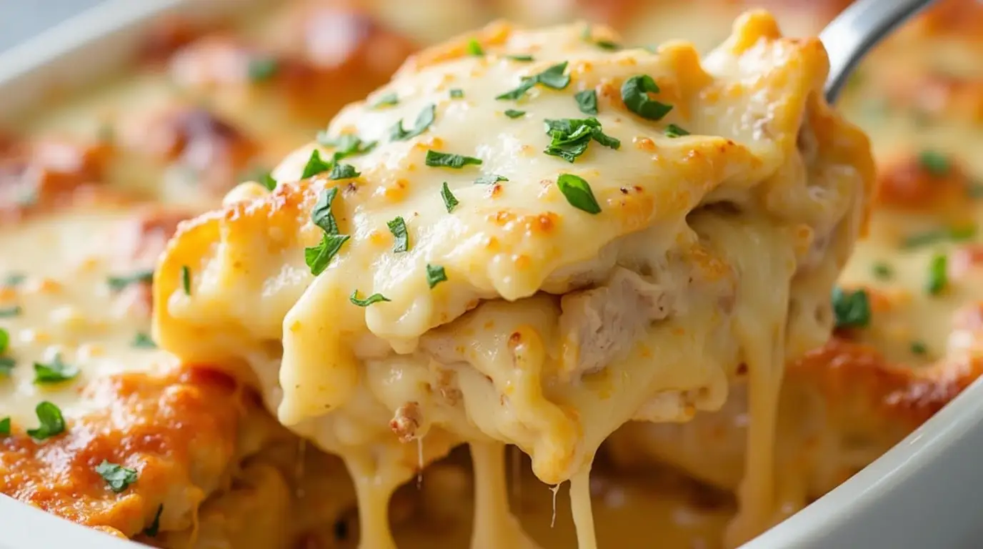 A close-up of a freshly baked Chicken Alfredo Lasagna served in a white dish with melted mozzarella and Parmesan cheese on top.