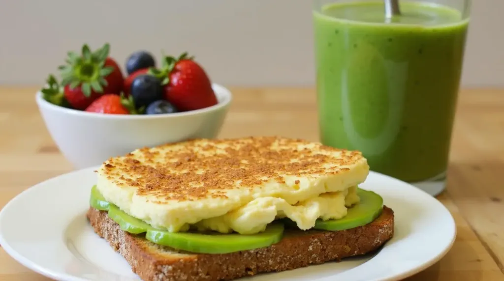 Cottage Cheese Breakfast Toast with a green smoothie and fruit