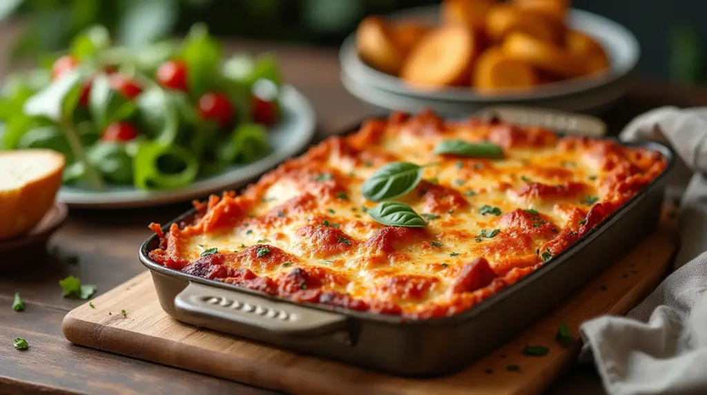 Chicken Alfredo Lasagna served with garlic bread and a fresh salad.