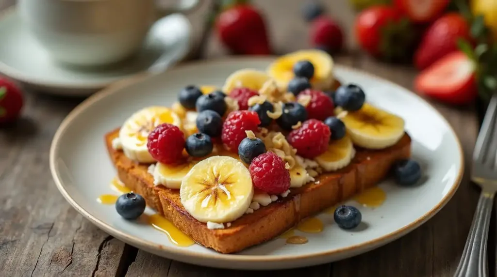 A plate of Cottage Cheese Breakfast Toast with banana, berries, and honey.