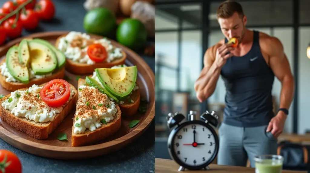 Illustration of high-protein cottage cheese toast and a woman enjoying it after a quick prep.