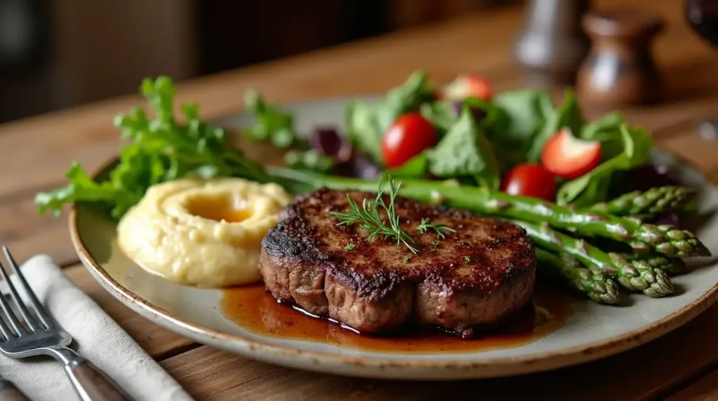 Plated steak with mashed potatoes, asparagus, and salad