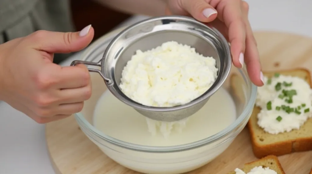 Draining excess liquid from cottage cheese in a bowl.