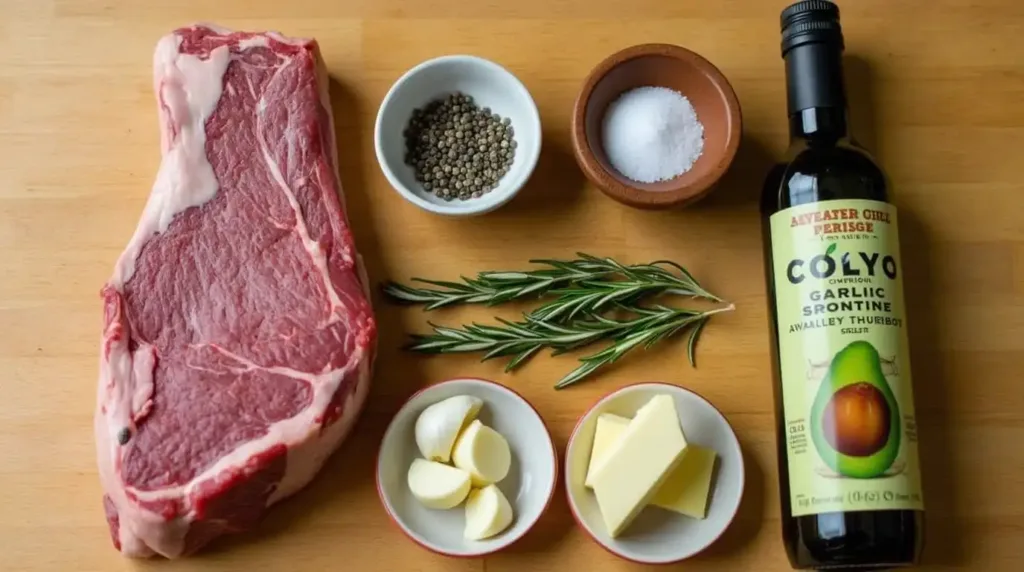 Ingredients including steak, herbs, butter, oil, and seasoning on wood counter