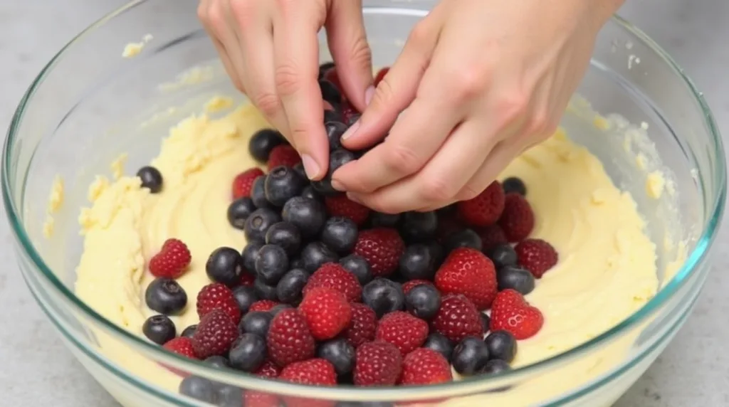 Fresh berries being folded into batter