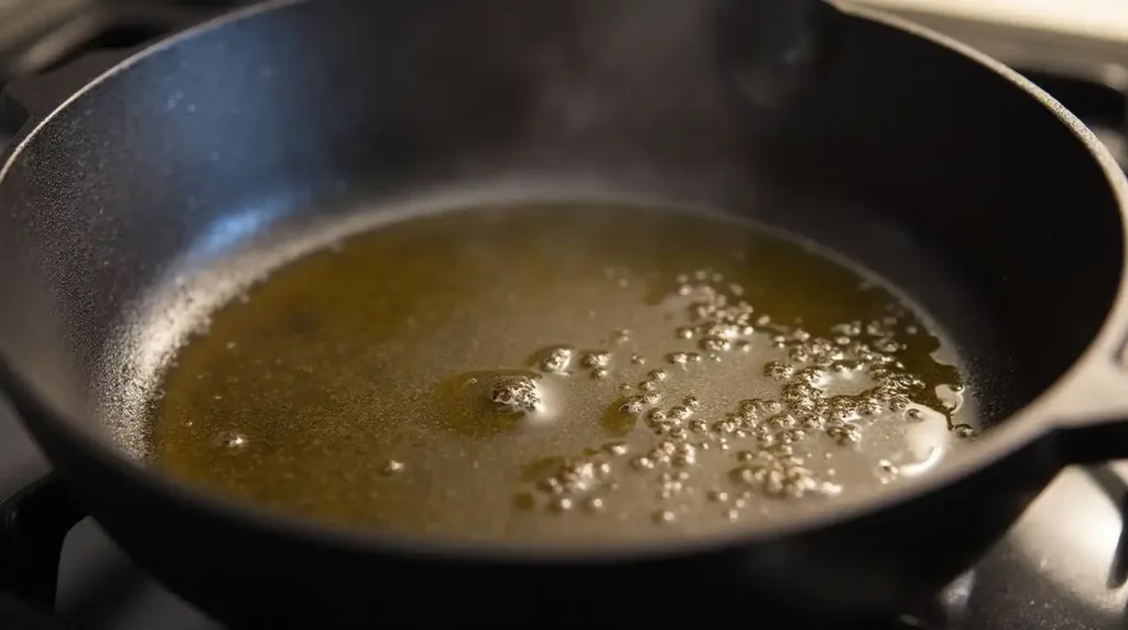Cast-iron skillet with smoking avocado oil