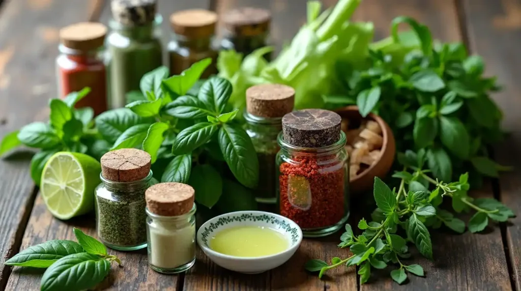 Fresh herbs, spices, and lime juice for steak seasoning
