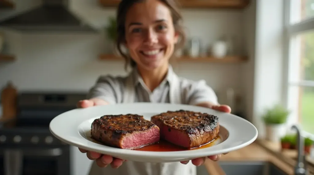 Home cook holding cast-iron skillet with steak