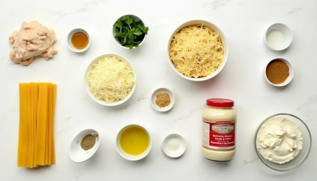 A collection of ingredients for Chicken Alfredo Lasagna, including cheese, noodles, and chicken.