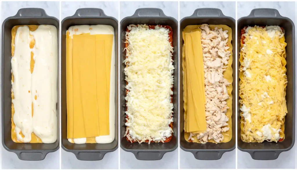 Step-by-step layering of Chicken Alfredo Lasagna in a baking dish.