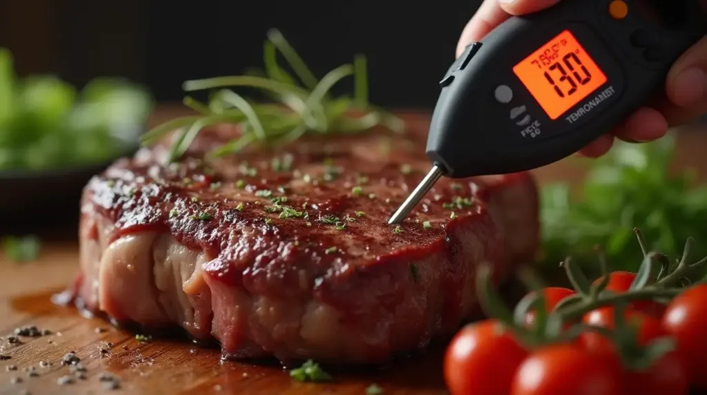 Meat thermometer reading steak temperature