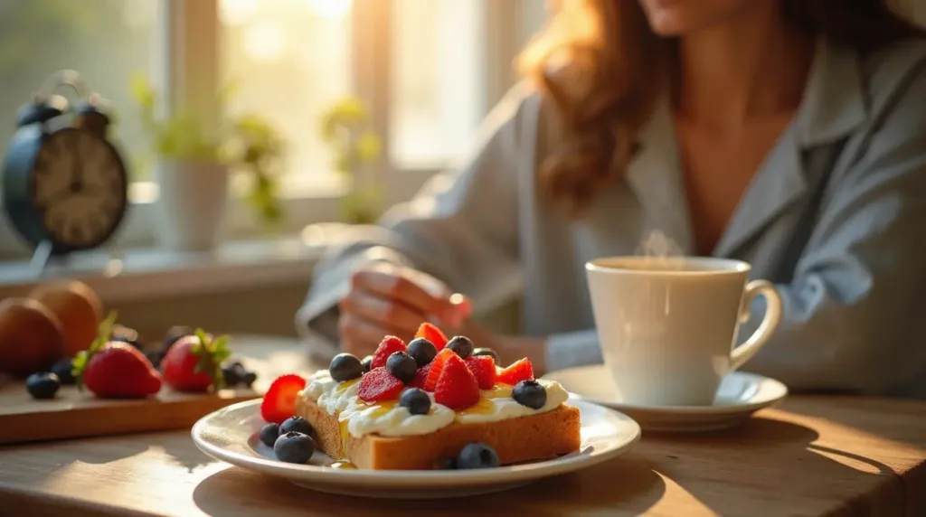 Illustrated cozy morning scene with a person enjoying cottage cheese breakfast toast.
