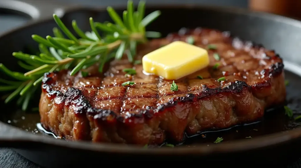 Seared steak crust with herb butter and rosemary on skillet