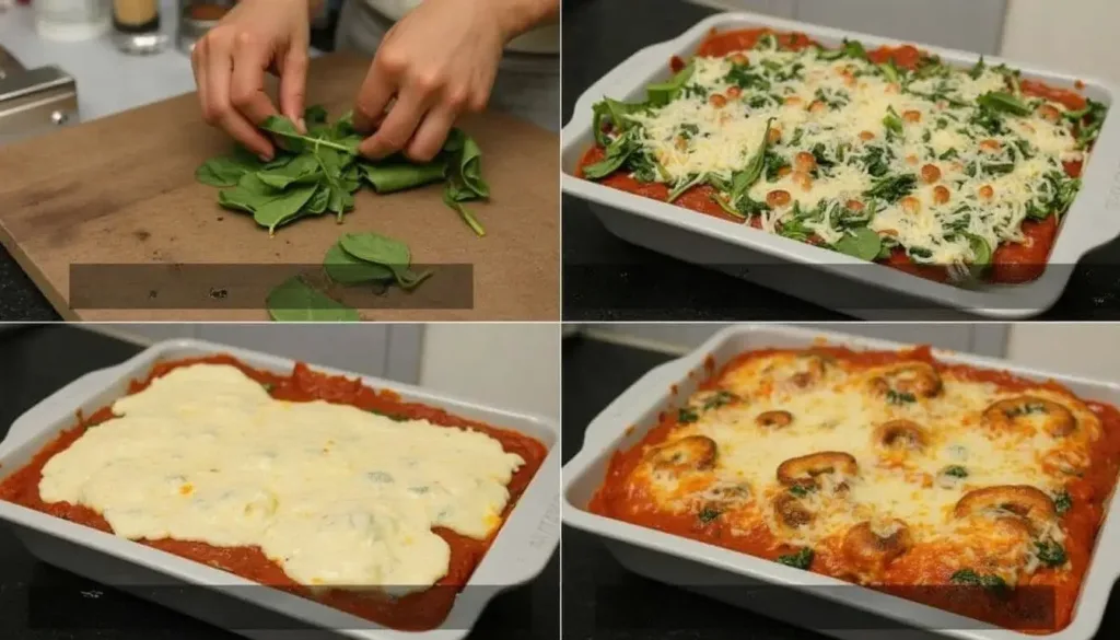 Adding vegetables like spinach, mushrooms, and zucchini to Chicken Alfredo Lasagna.Lasagna