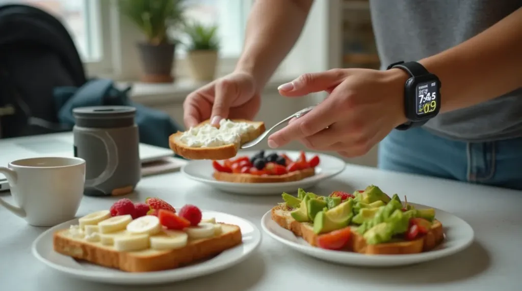 Person preparing cottage cheese toast quickly in a busy kitchen with morning light.