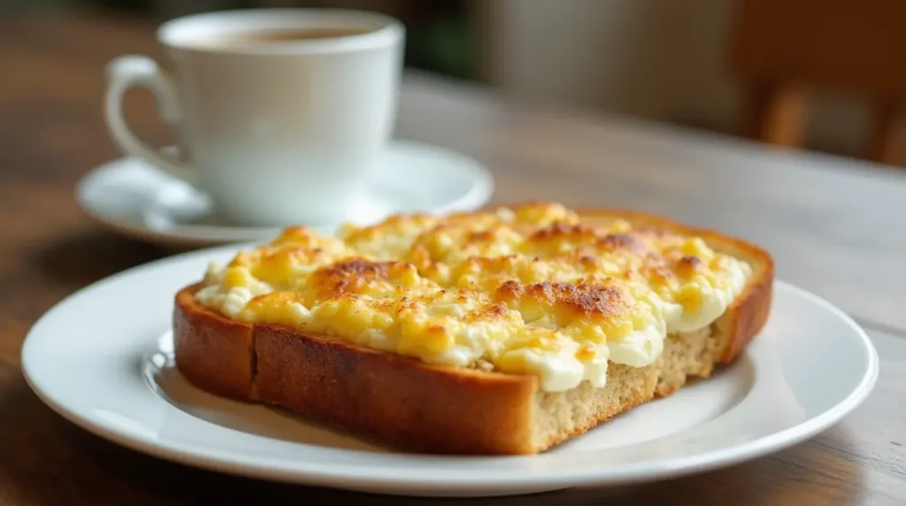 Cottage Cheese Breakfast Toast served with a cup of coffee.