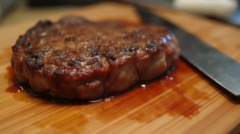 Steak resting on cutting board before slicing