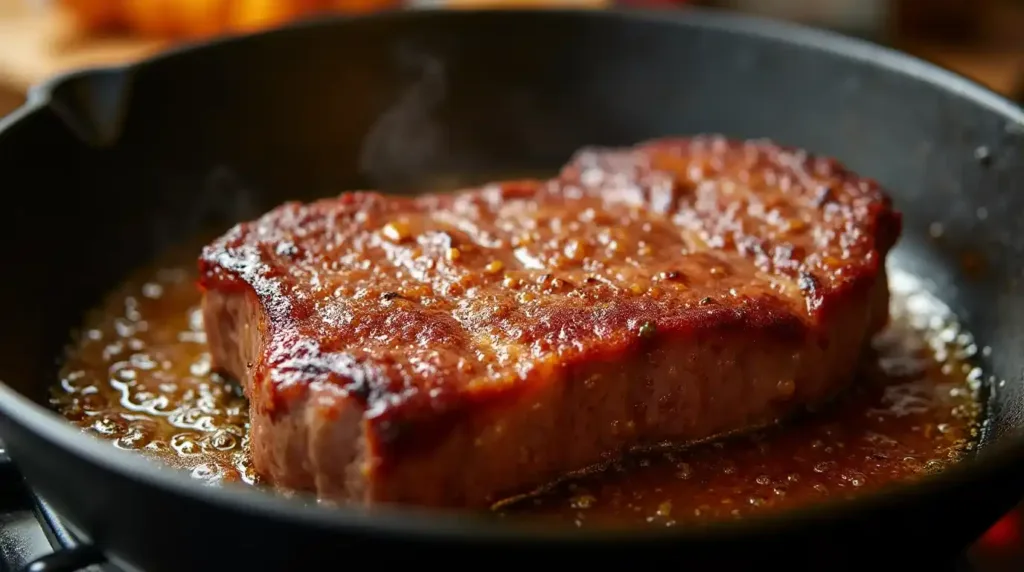 Steak with crust cooking in cast-iron skillet