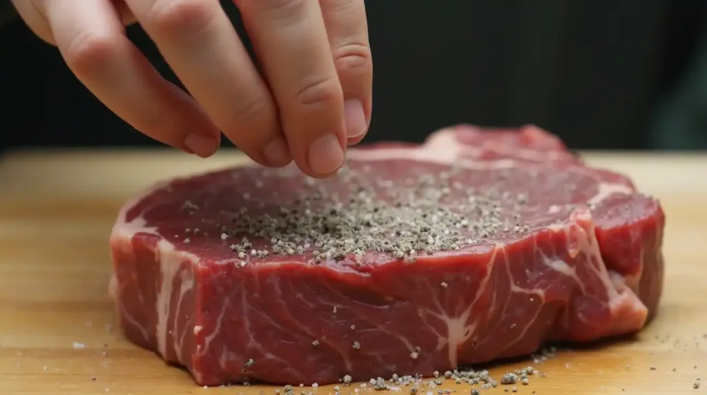 Sprinkling salt and pepper on ribeye steak