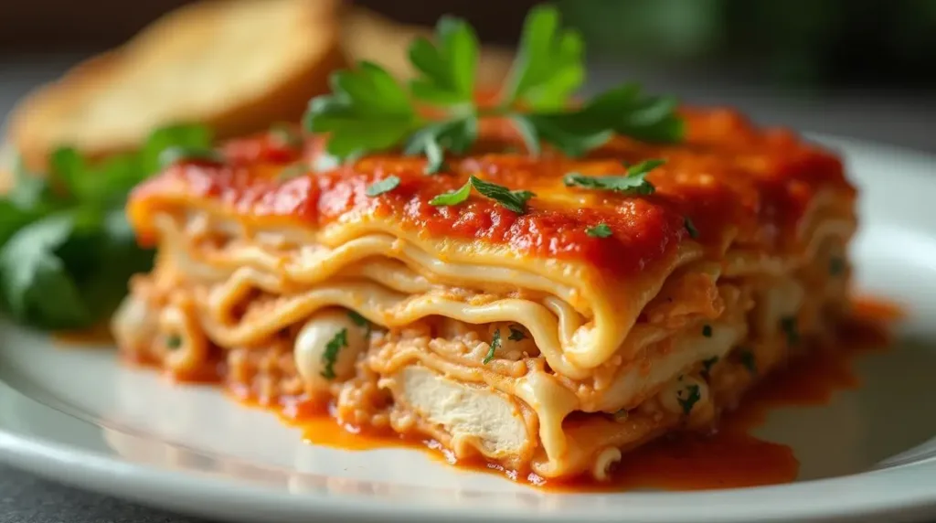 A delicious plate of Chicken Alfredo Lasagna with garlic bread and a green salad.