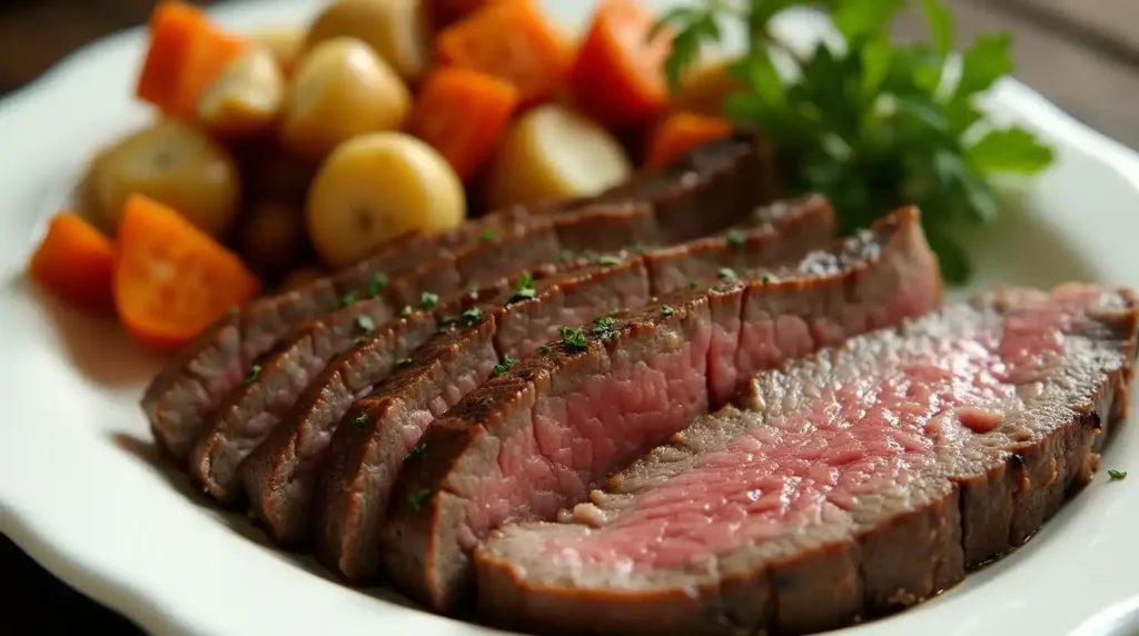 Plated sliced ribeye steak with sides