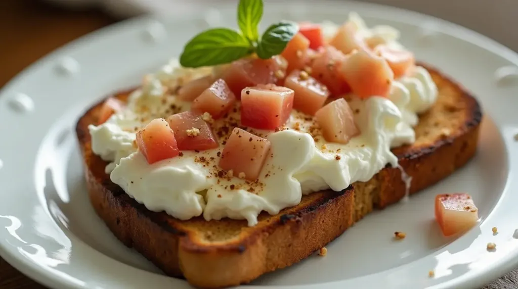 Soggy toast with cottage cheese and toppings.