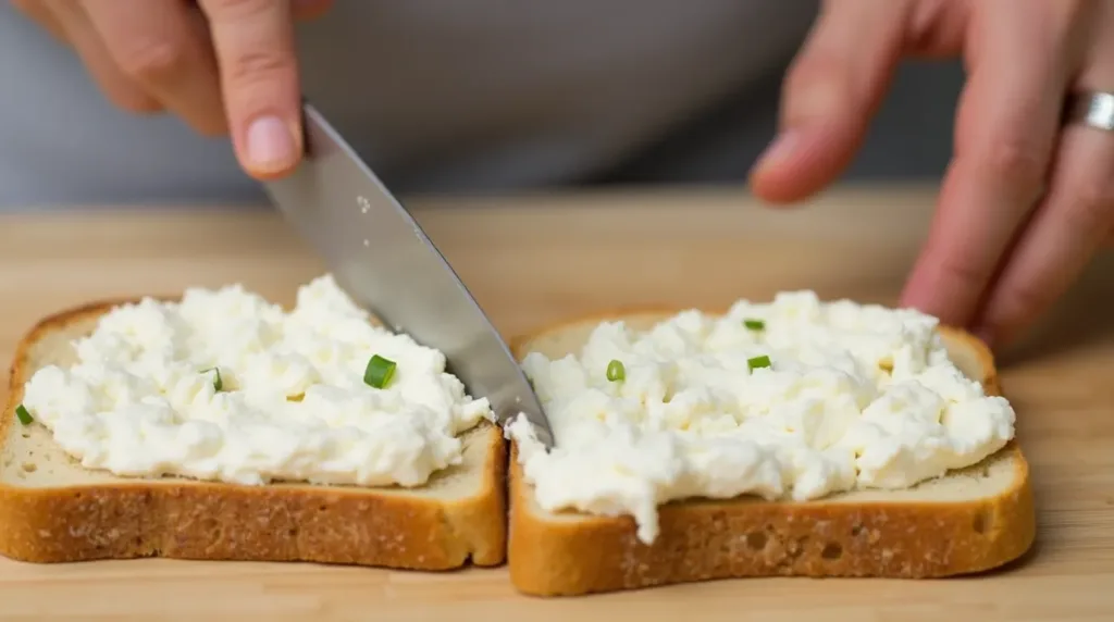 Spreading cottage cheese on a slice of toast.