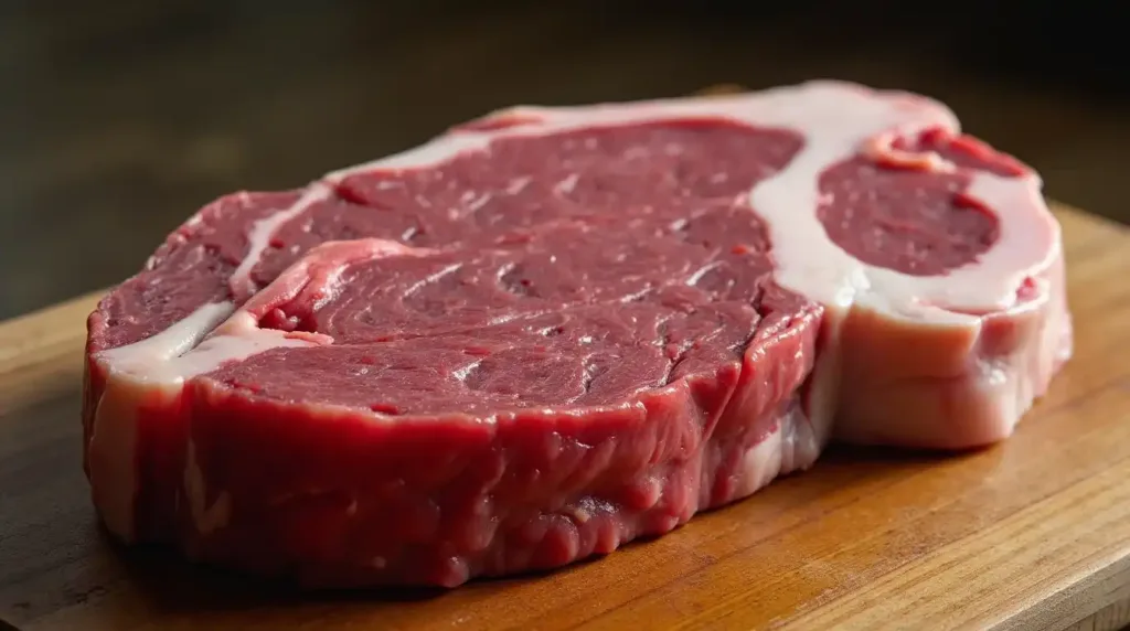 Raw ribeye steak on cutting board warming up