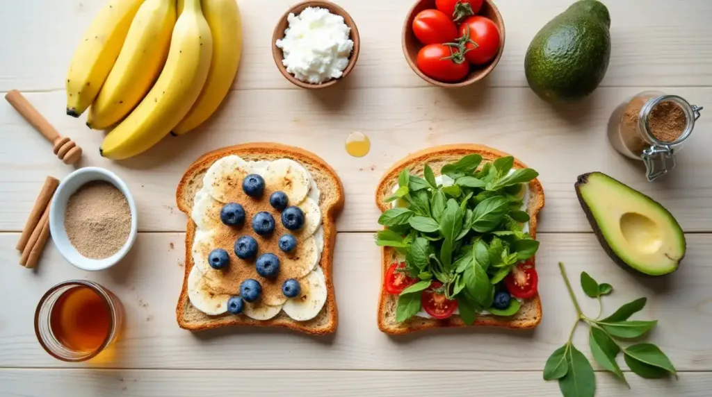 Illustrated ingredient layout for sweet and savory cottage cheese breakfast toasts.