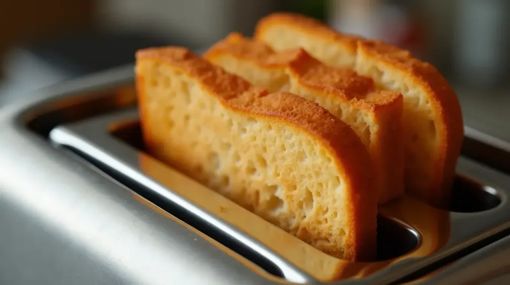 Golden-brown toasted bread in a toaster