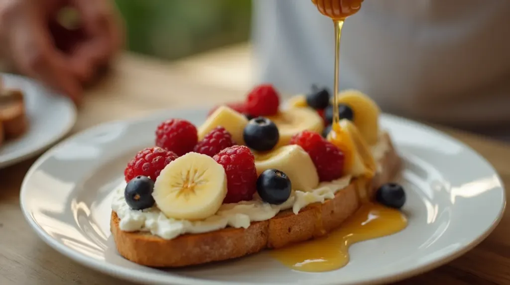 Adding banana, berries, and honey to cottage cheese toast.