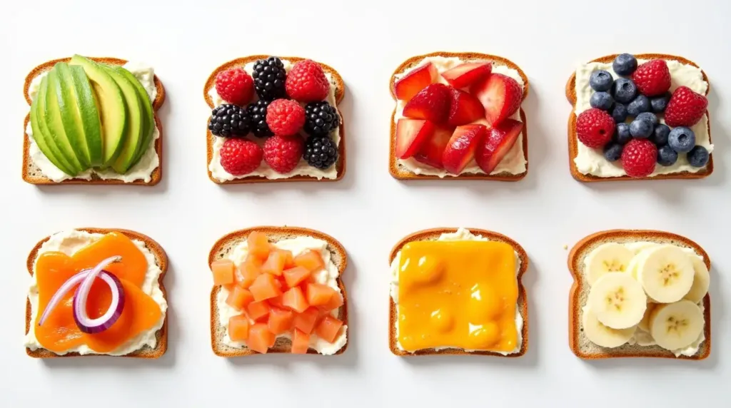 Different variations of Cottage Cheese Breakfast Toast, sweet and savory.
