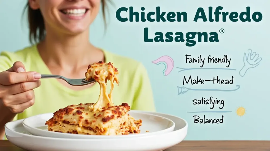 Family enjoying Chicken Alfredo Lasagna, with benefits highlighted around them.
